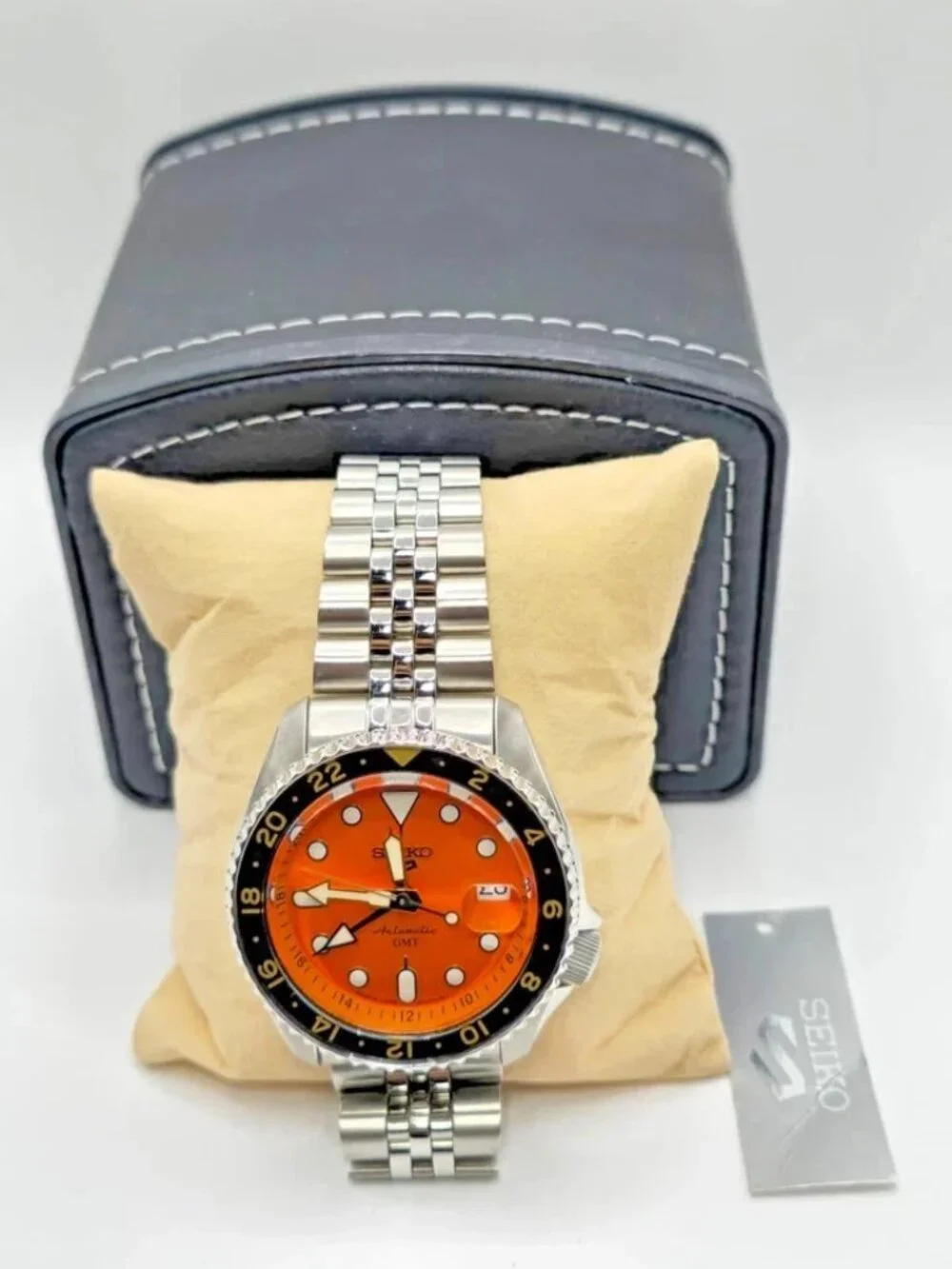 Seiko 5 Sports SSK005 Automatic GMT Orange Dial Mens Watch 43mm Steel Bracelet